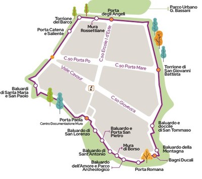 Le Mura cingono Ferrara da più di 500 anni e sono uno dei circuiti murari fortificati tra i più completi esistenti in Italia. L'originale mappa da manubrio vi accompagna alla scoperta di tutto il percorso attorno alla città estense